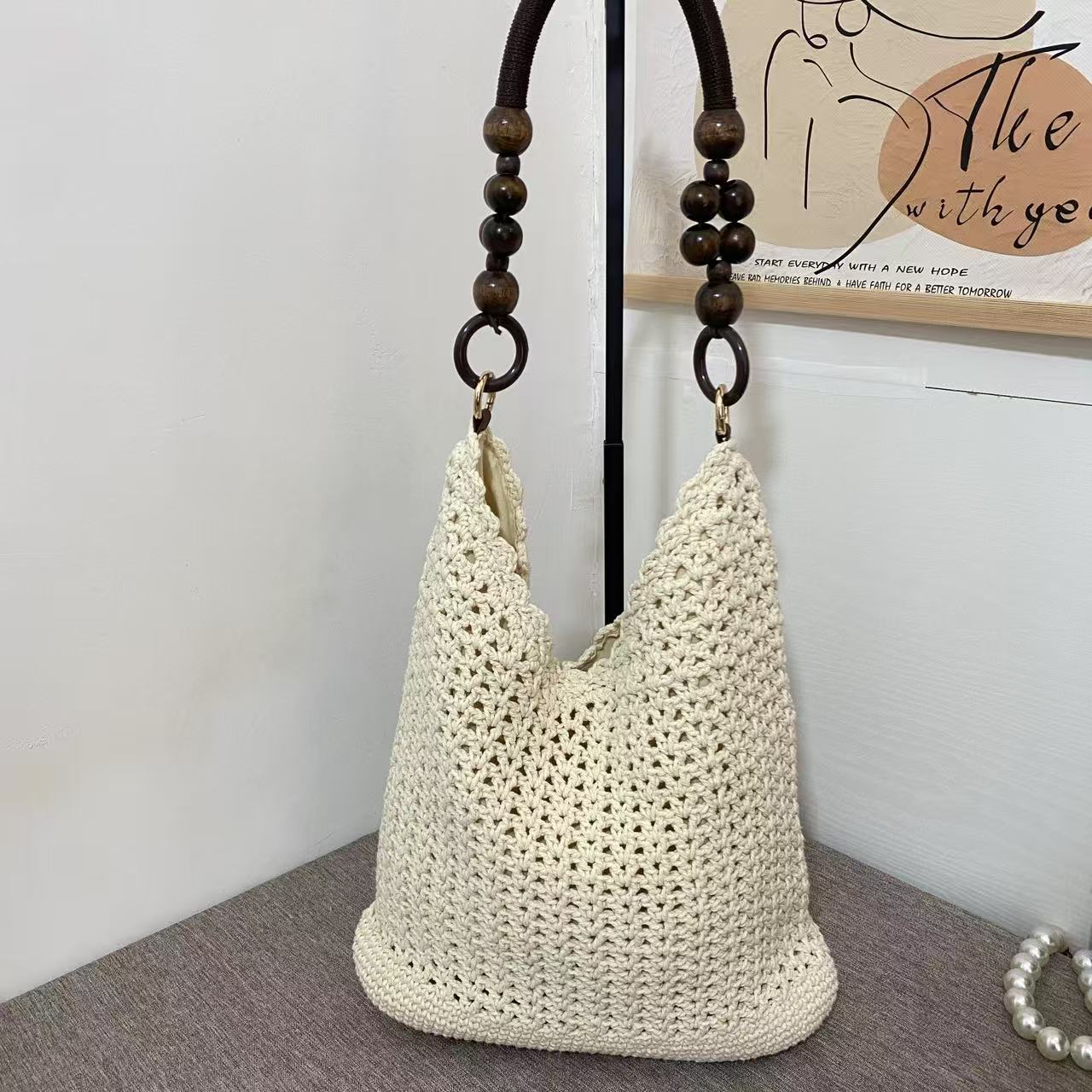High-grade Lace Hand-woven Beads Niche Cotton String Vacation Seaside Bags