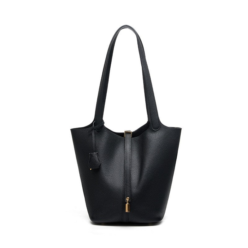 Women's Portable Classic Genuine Leather Vegetable Basket Lychee Pattern Simple Latch Women's Shoulder Bag