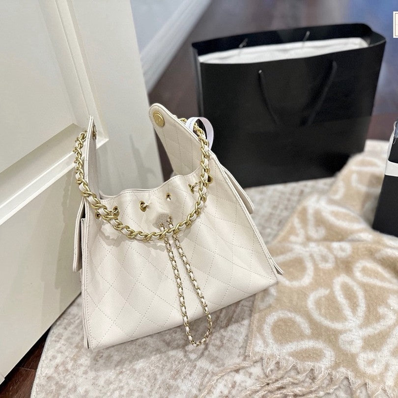 Hobo Black Gold Lychee Pattern Cowhide Portable Women's Shoulder Bag