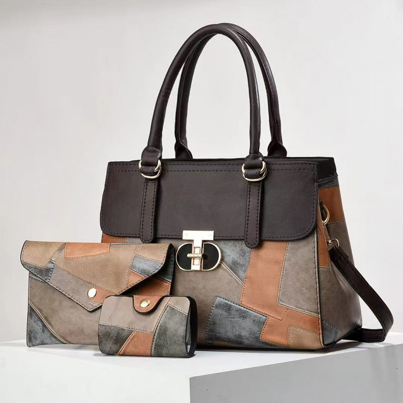 Women's Fashion Color Contrast Large Capacity Combination Retro Easy Matching Women's Handbag