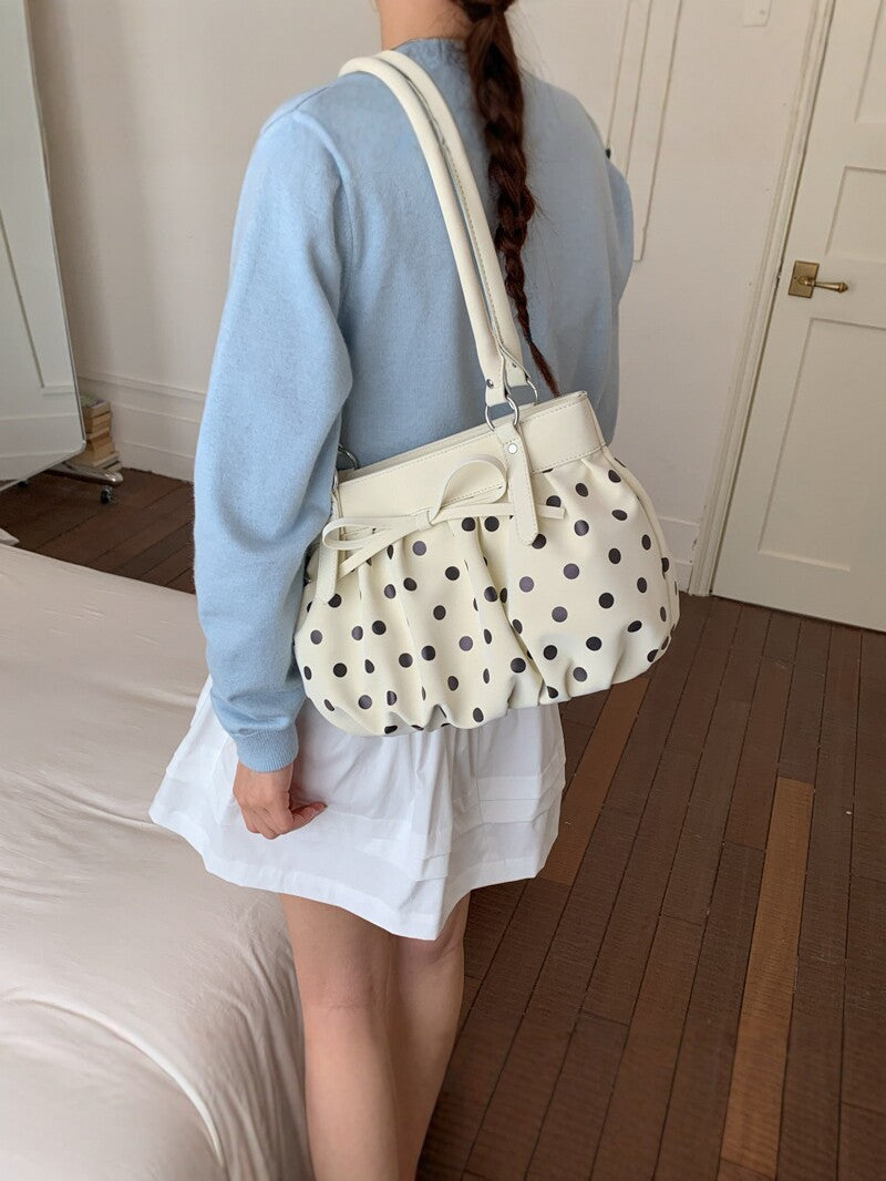 Women's Spring Korean Style Polka Dot Pleated Commute Shoulder Bags
