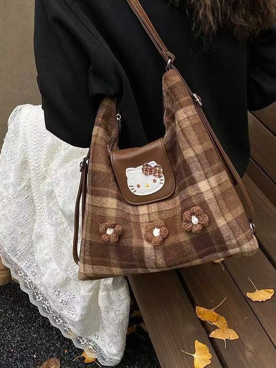 Women's Korean Retro Cat Design Plaid Large Leisure Backpack
