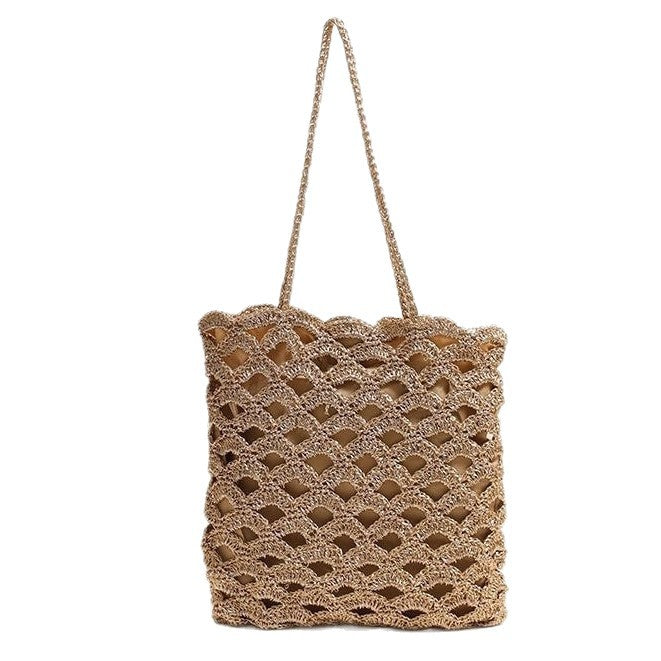 Women's Sier Hollow Straw Handmade Wave Pattern Woven Vacation Beach Niche Women's Shoulder Bag