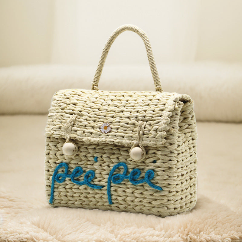 Women's With Cover Letters Straw Wooden Bead Bags