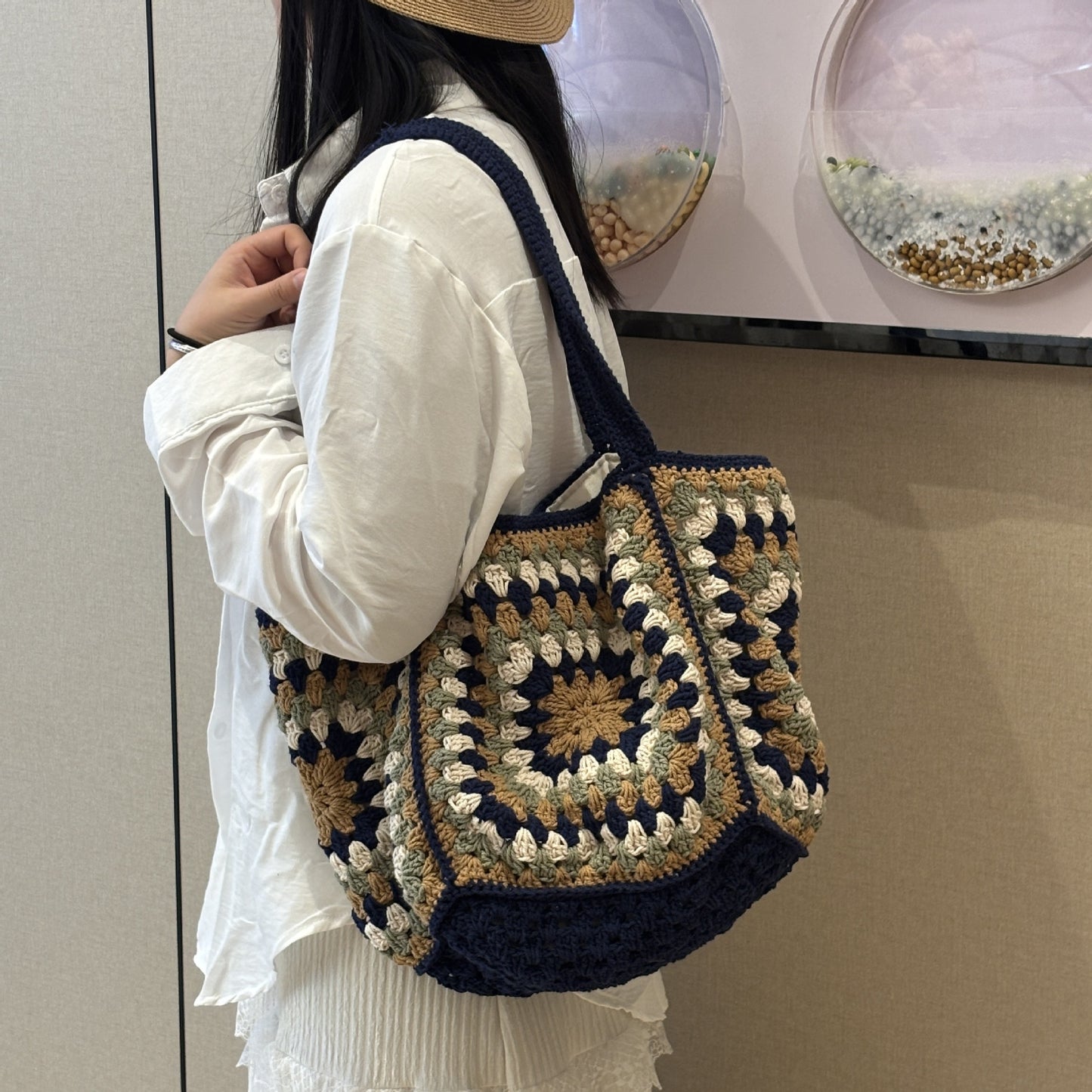 Women's Bohemian Navy Blue Woven Cotton Large Capacity Bags