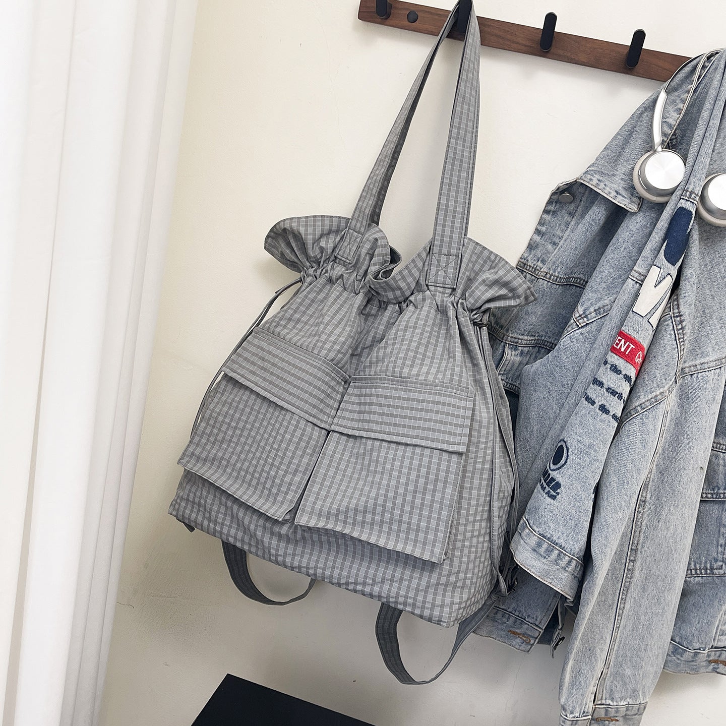 Women's Large Capacity Lightweight Plaid Drawstring Fashion Handbags