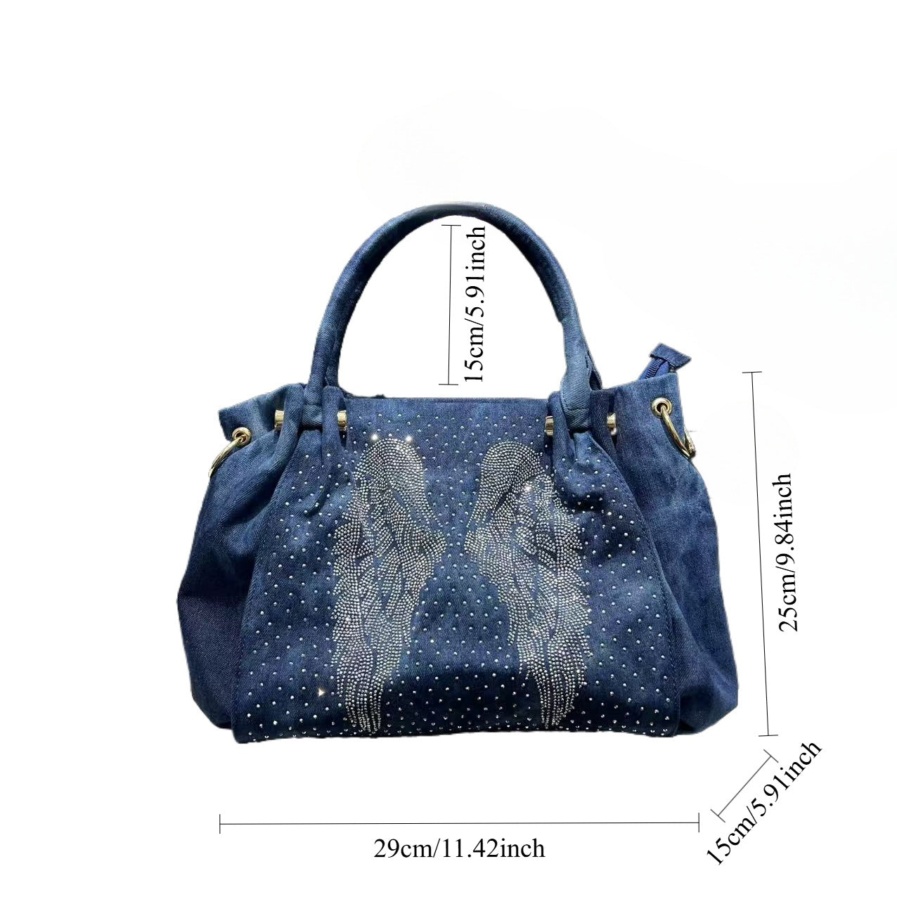 Women's Diamond Decorations Washed Denim Large Capacity Tote Bag