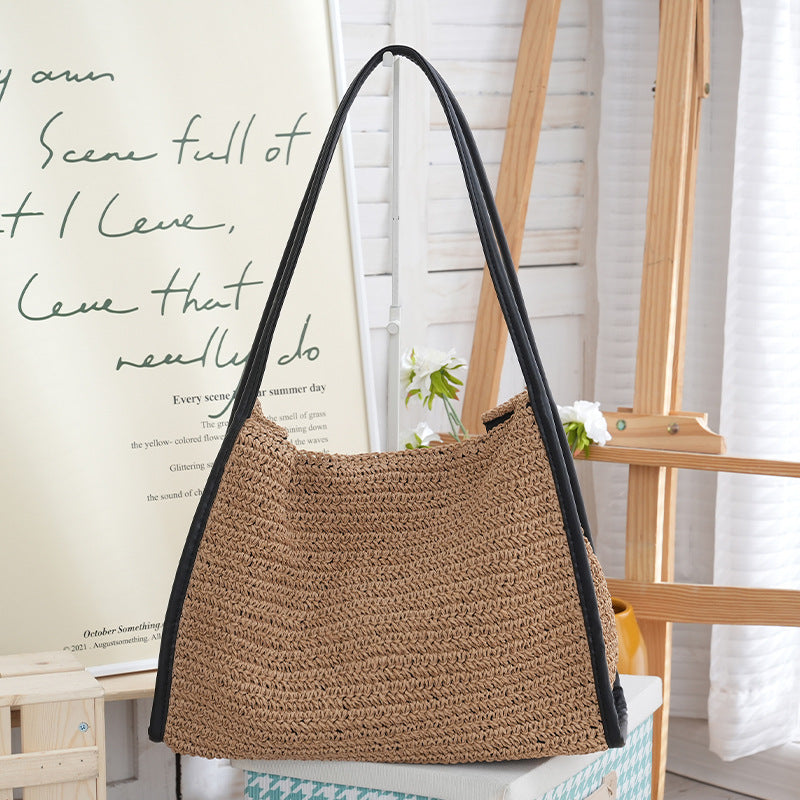 Women's French Style Large Capacity Straw Niche Solid Color Woven Vacation Women's Shoulder Bag