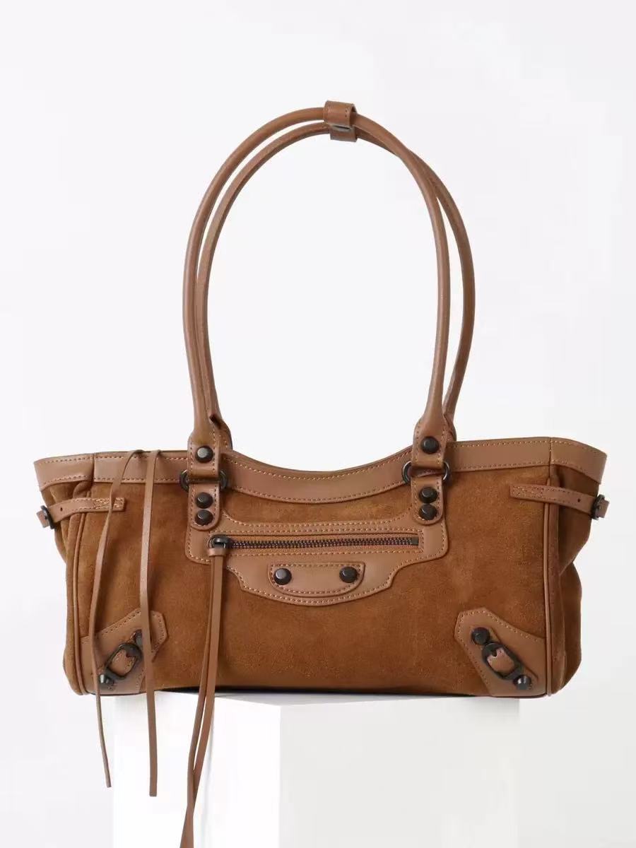 Women's Contrast Color Retro Cowhide Frosted Large Capacity Suede Motorcycle Women's Shoulder Bag