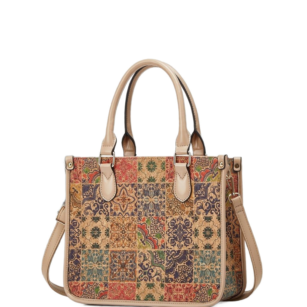 Women's Retro Ethnic Style Cork Printed Tree Leather Large Tote Bags