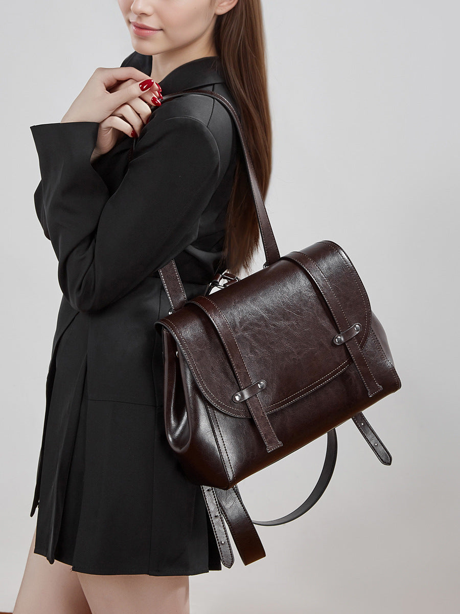 Women's Leather Design Oil Wax Cowhide Large Capacity Portable Diagonal Women's Backpack