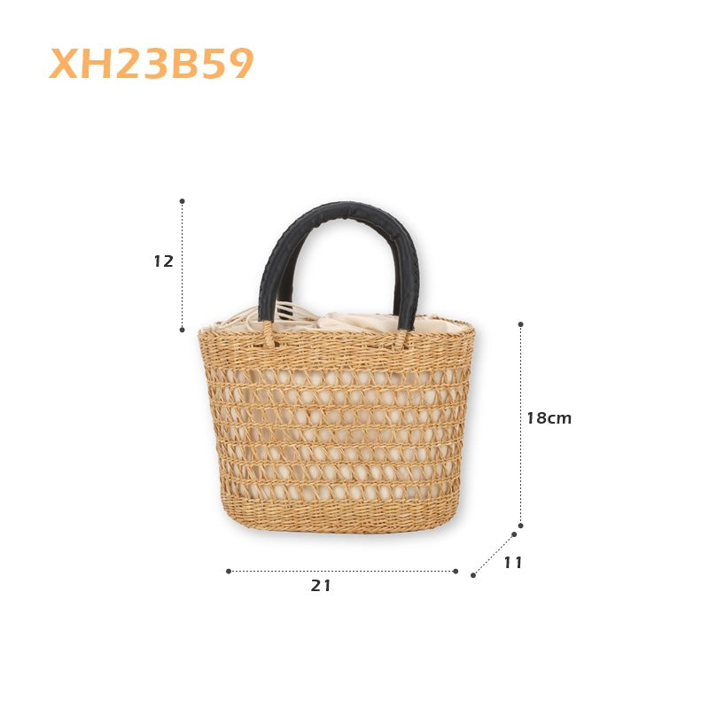 Women's Yellow Straw Summer Hollow Vertical Hand Carrying Basketball Hoop Beach Bags