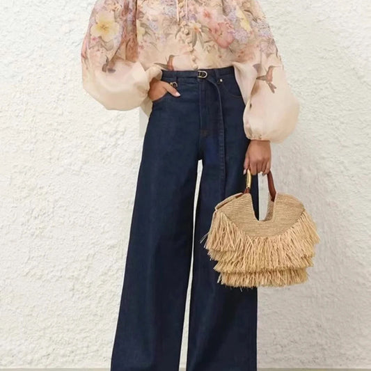 Women's Fashionable Straw Tassel Woven Portable Personality Underarm Bag
