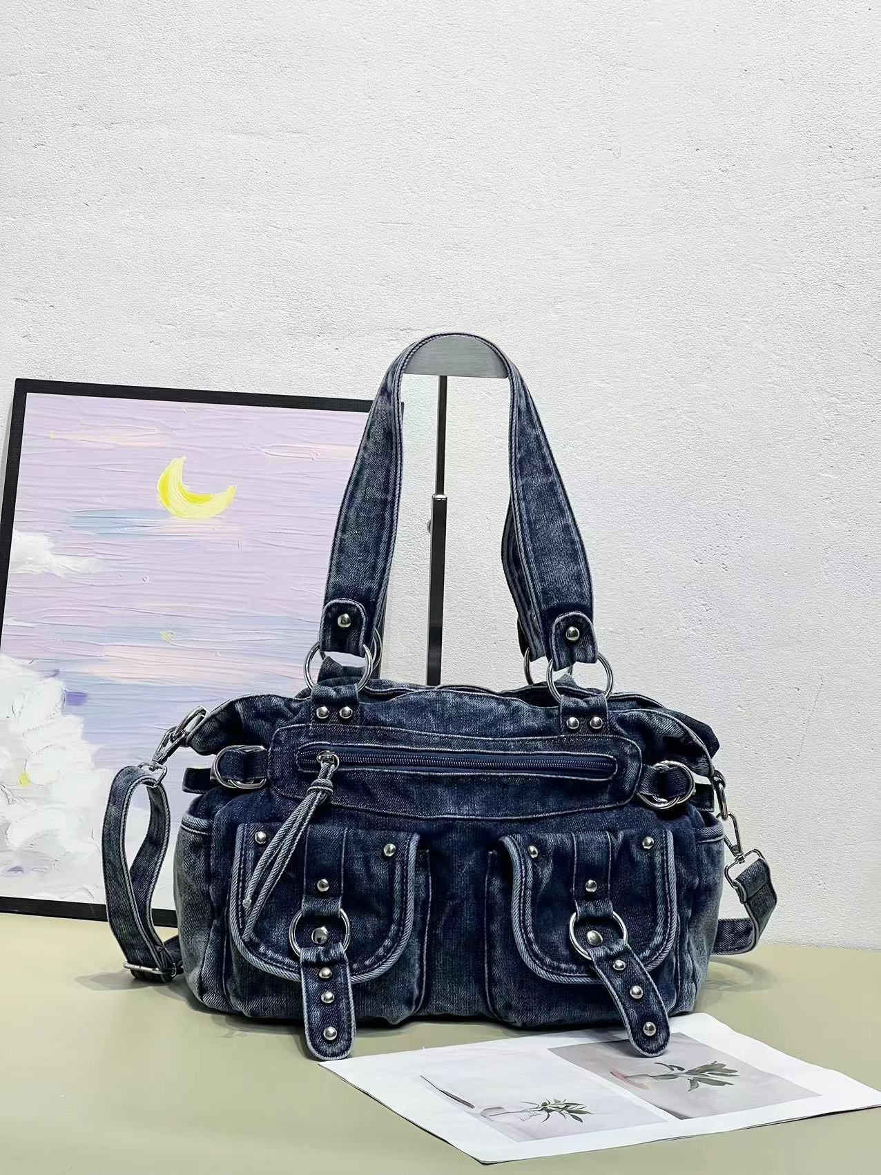 Women's Fashionable Retro Washed Punk Denim Trendy Women's Shoulder Bag