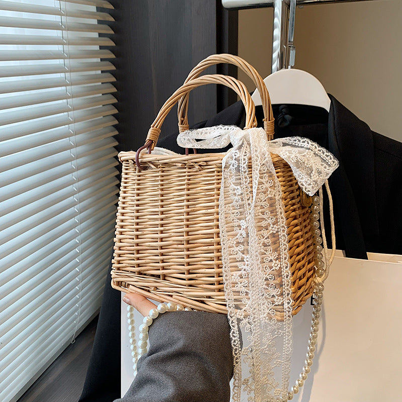 Hand-woven Rattan Weave Portable Vegetable Basket Vacation Beach Women's Shoulder Bag