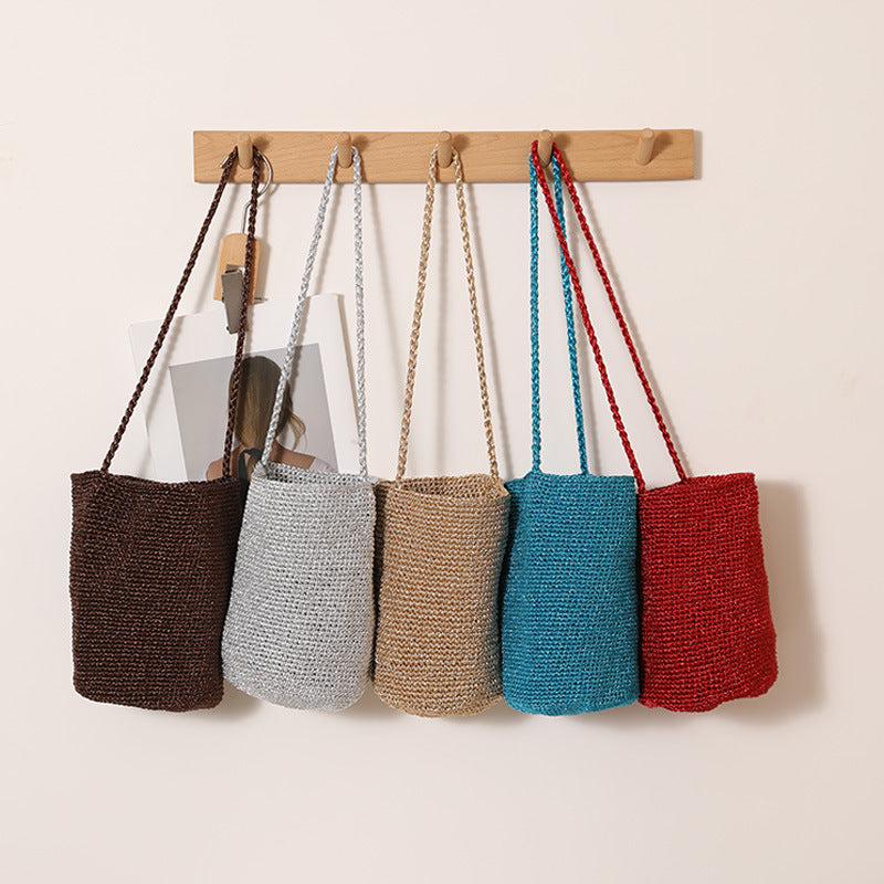 Korean Style Fashion Bright Line Straw Pure Color Woven Bucket Bags