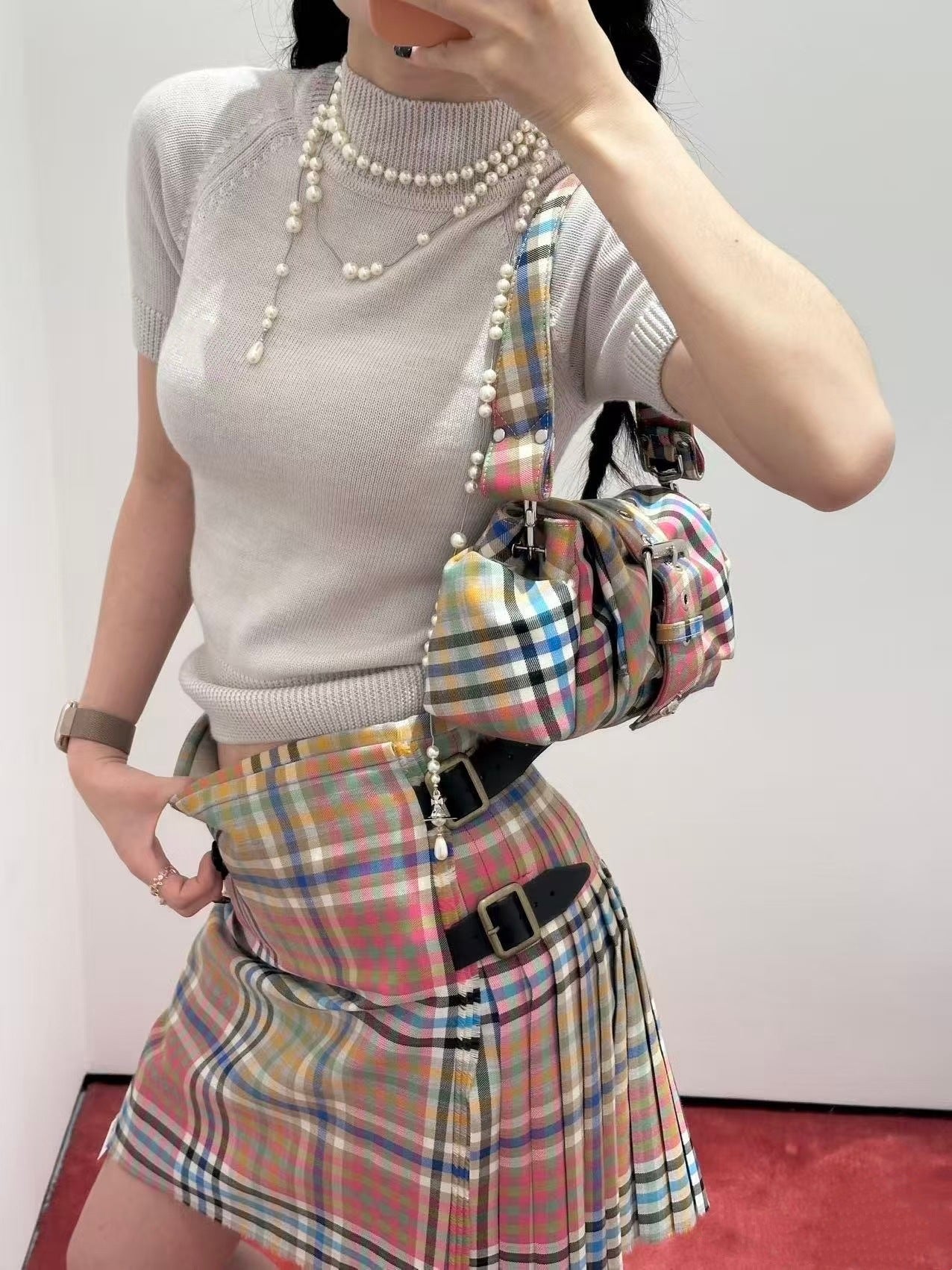 Women's Saturn Bow High-grade Rainbow Plaid Retro Women's Shoulder Bag