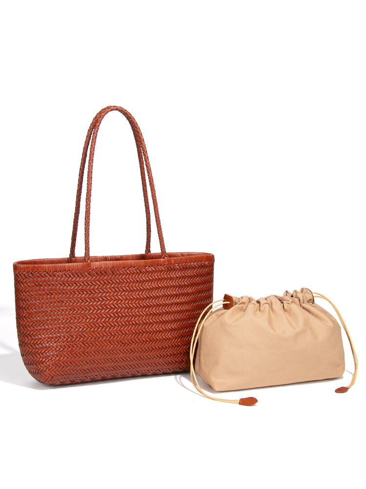 Women's Classic Vegetable Basket Genuine Leather Versatile Hand-woven Large Handbags