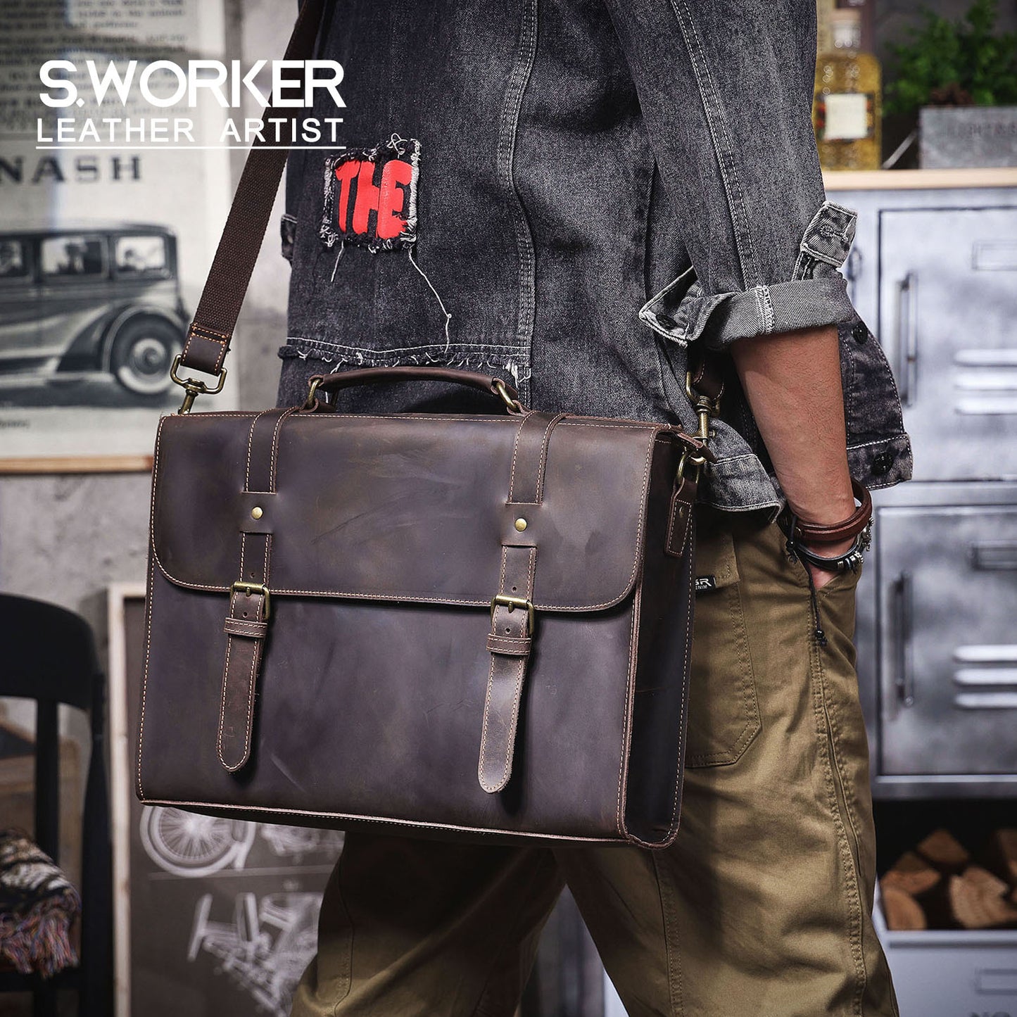 Men's Crazy Horse Leather Business Vintage Computer First Layer Men's Bags