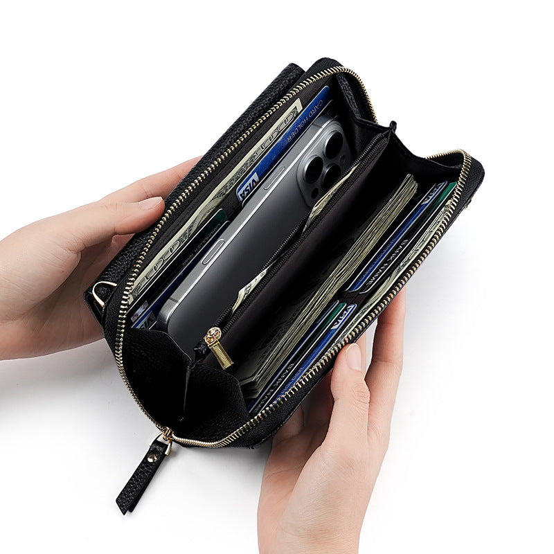 Women's Underarm Layer Cowhide Zipper Mobile Function Genuine Bags