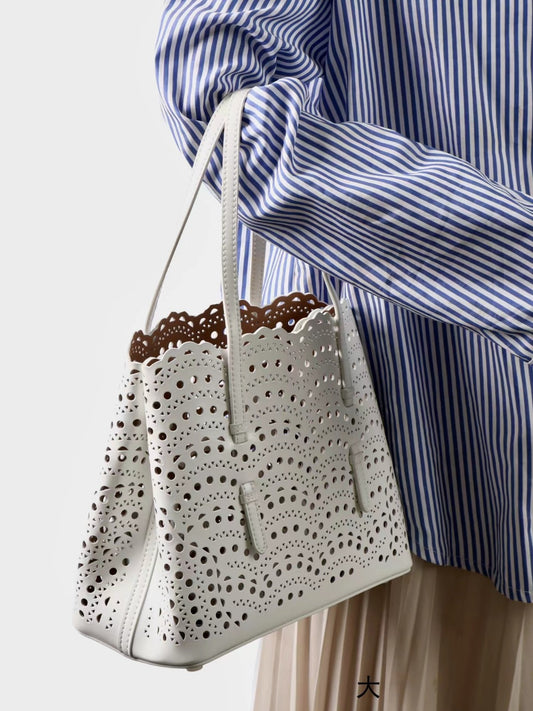 Women's Cowhide Wave Hollow Carved Vegetable Basket Genuine Bags