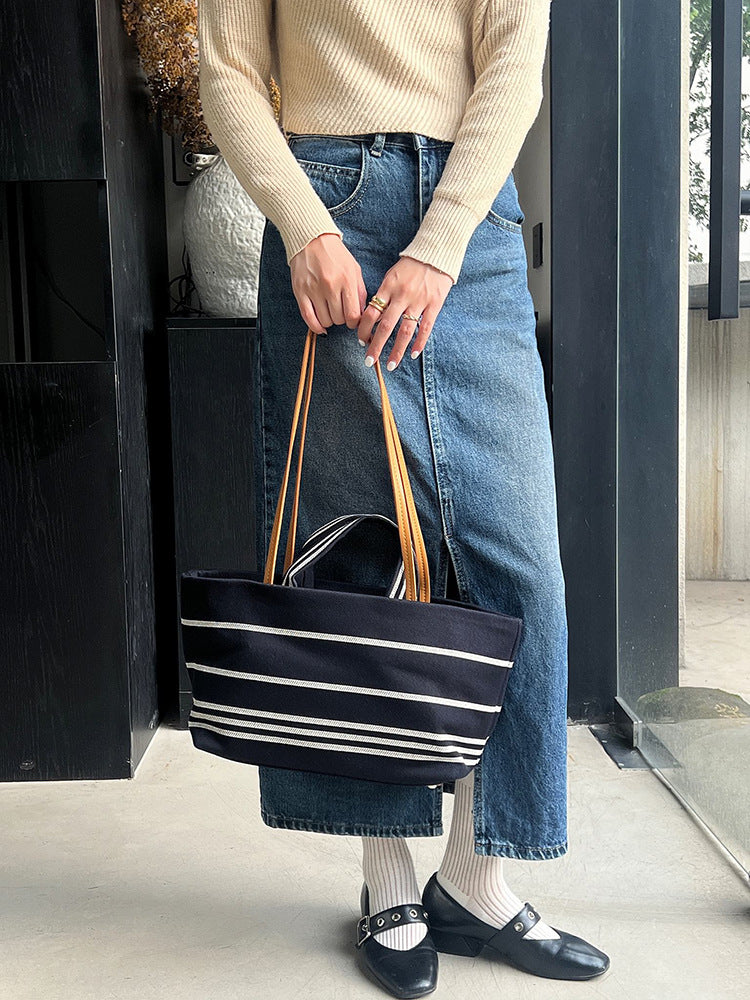 Women's One Retro Canvas Striped Beach Commuter Large Capacity Tote Bag