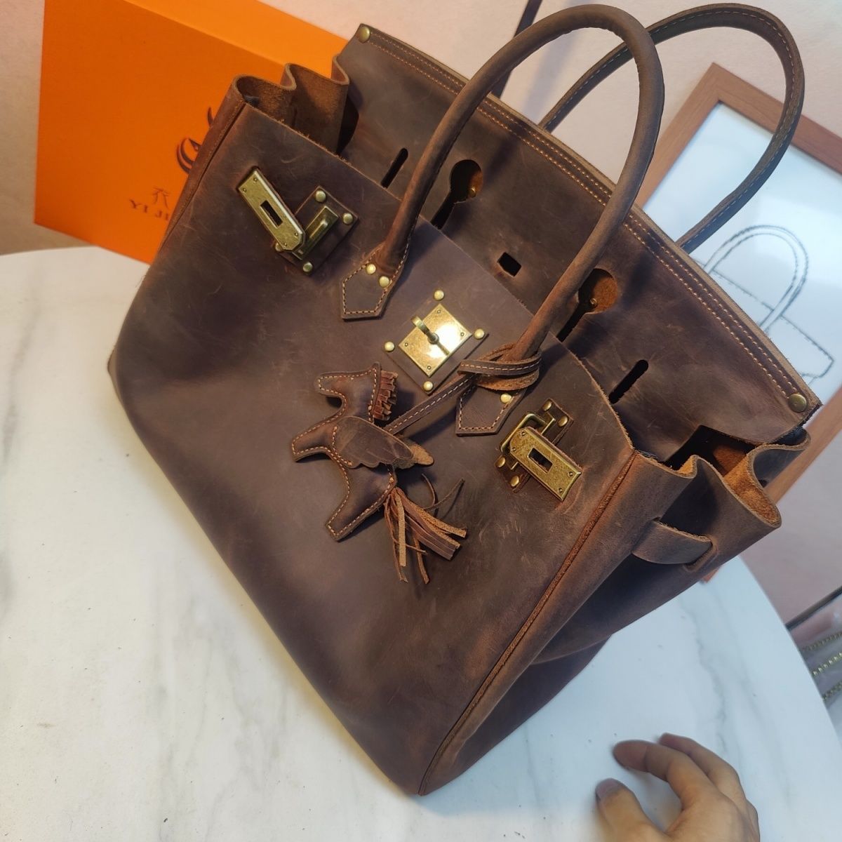 Men's Vintage Crazy Horse Leather Handmade Lady Literature Women's Handbag