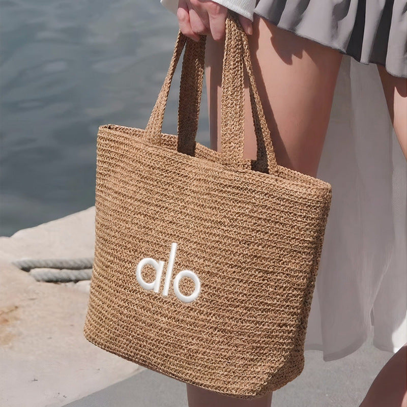 Women's Portable Letter Embroidery Hand Carrying Straw Woven Seaside Tote Bag