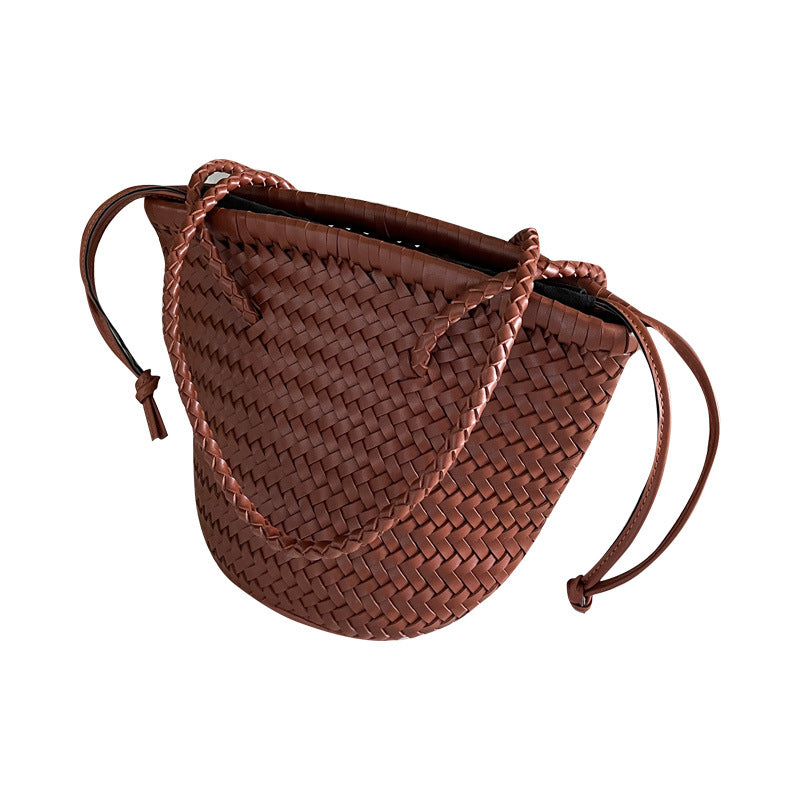 Woven Summer Portable Vegetable Basket French Retro Leather Bucket Bag