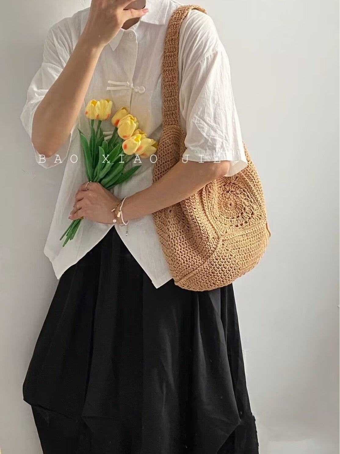 Women's Large Capacity Cotton Thread Woven Grandma Grid Bags