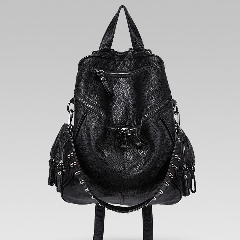 Women's High-grade Rivet Washed Leather Solid Color Soft Surface Large Women's Backpack