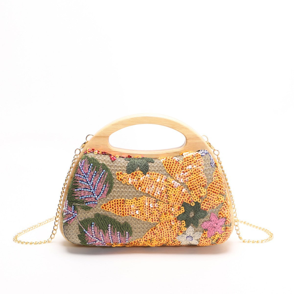 Women's Embroidered Sequins Floral Wooden Box Suction Women's Handbag
