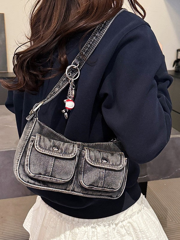 Retro Distressed Denim Little Hot Baguette Underarm Bag