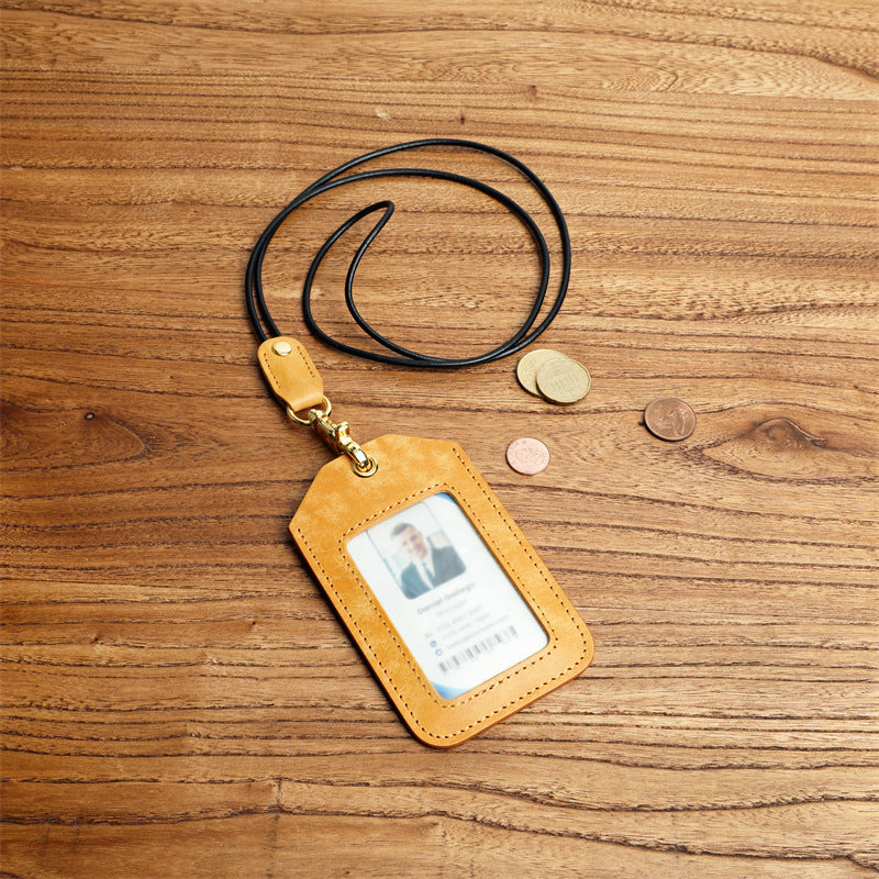 Cowhide Work Certificate With Lanyard Badge Entry Exit Permit Bus Card Pack Card Sleeve