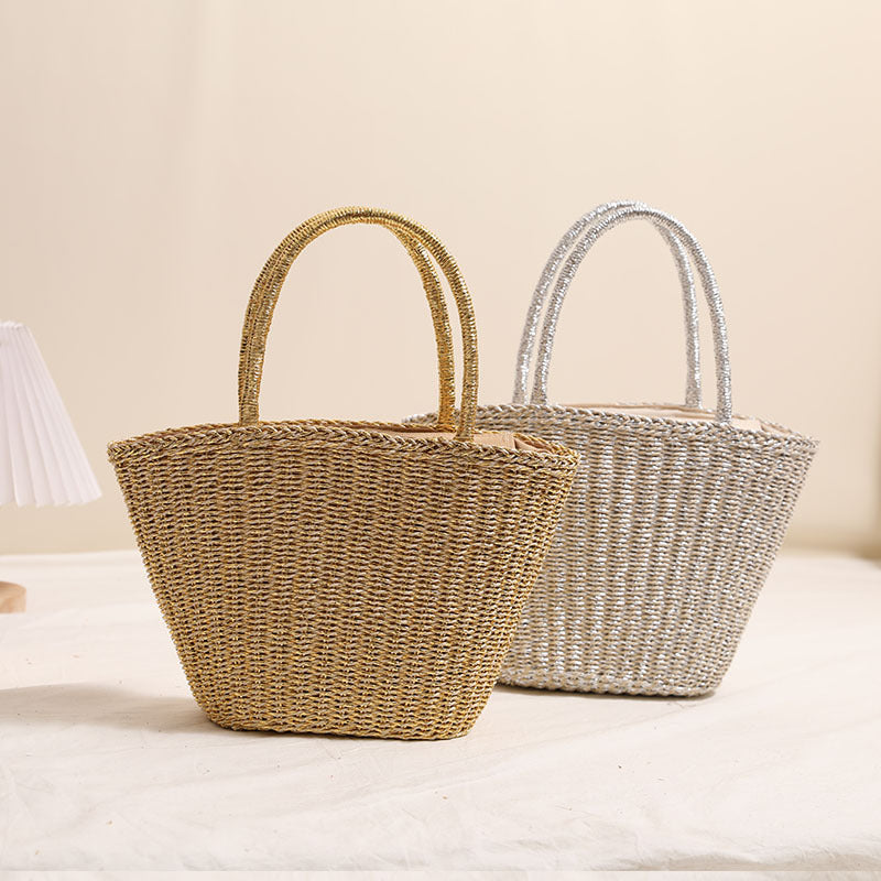 Fashion Gold Sier Color Straw Solid Woven Women's Shoulder Bag