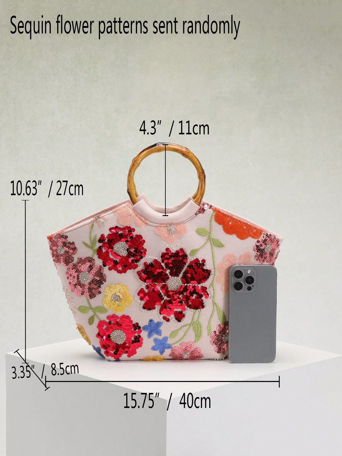Women's Seaside Vacation Style Embroidered Three-dimensional Applique Sequined Flower Bamboo Tote Bag