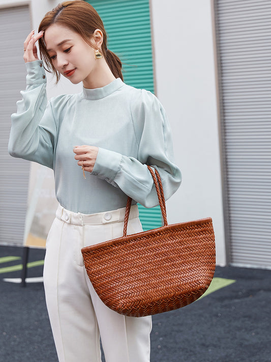 First Layer Cowhide Woven French Style Vegetable Tote Bag