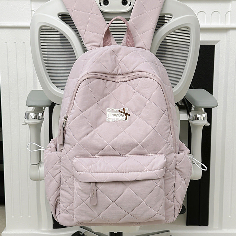 Soft Sticky White Pinch Cotton Rhombus Cute Leisure Backpack