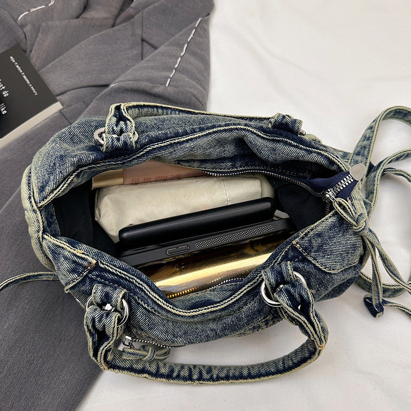 Retro Denim Motorcycle Style Rivet Niche Personality Tote Bags