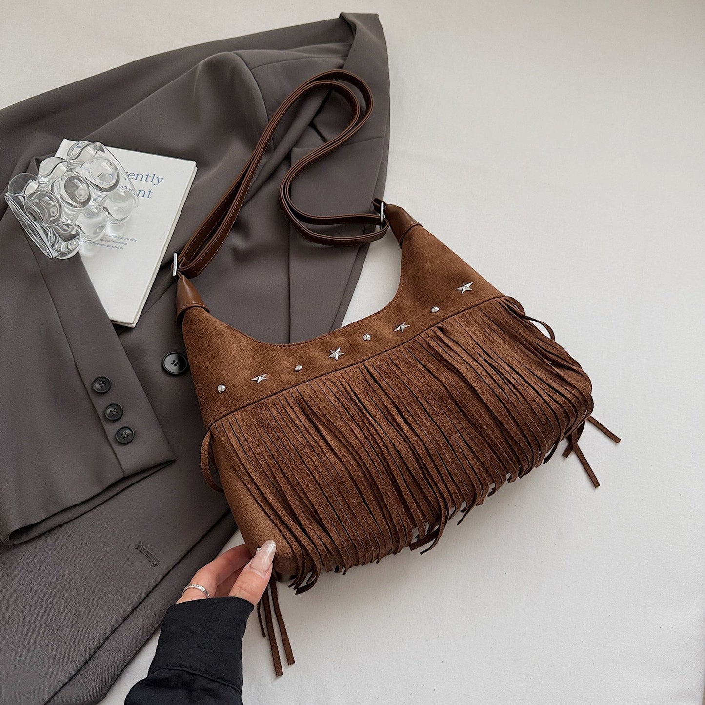 Women's Autumn Deerskin Veet Matte Tassel Retro Commuter Tote Bag