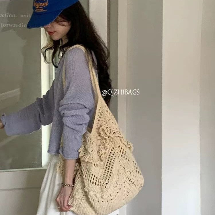 Letter Solid Color Lace Cutout Woven Women's Shoulder Bag