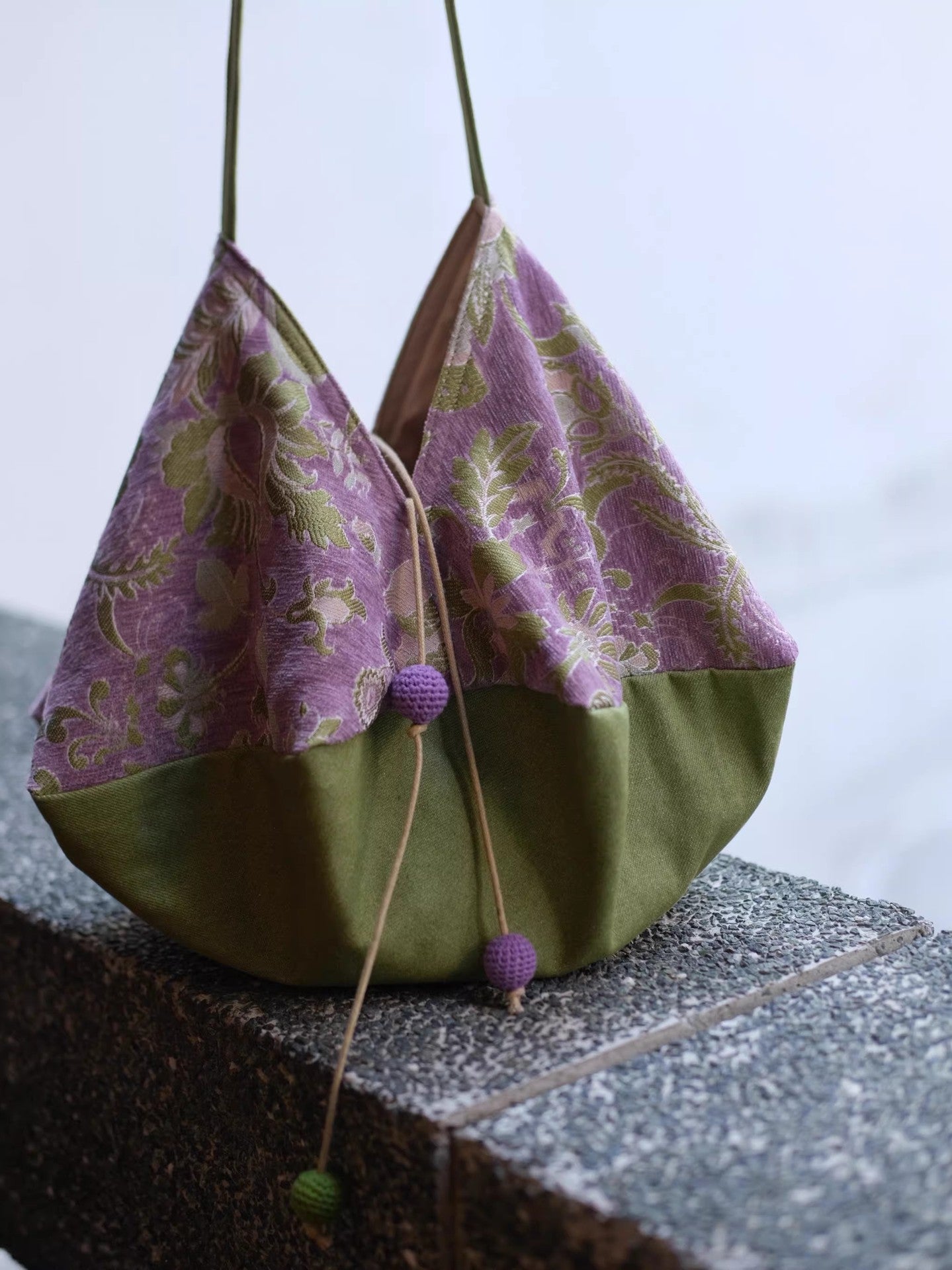 Green Light Purple Contrast Color Flower Pastoral Style Retro Jacquard Women's Shoulder Bag