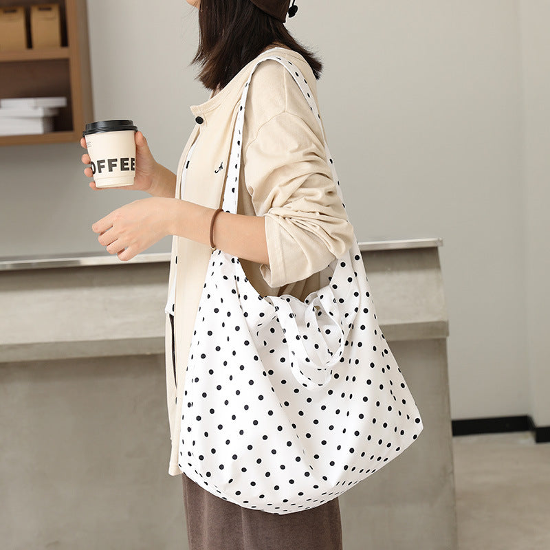Korean Style Leisure Artistic Canvas Fashion Polka Dot Mori Contrast Women's Shoulder Bag