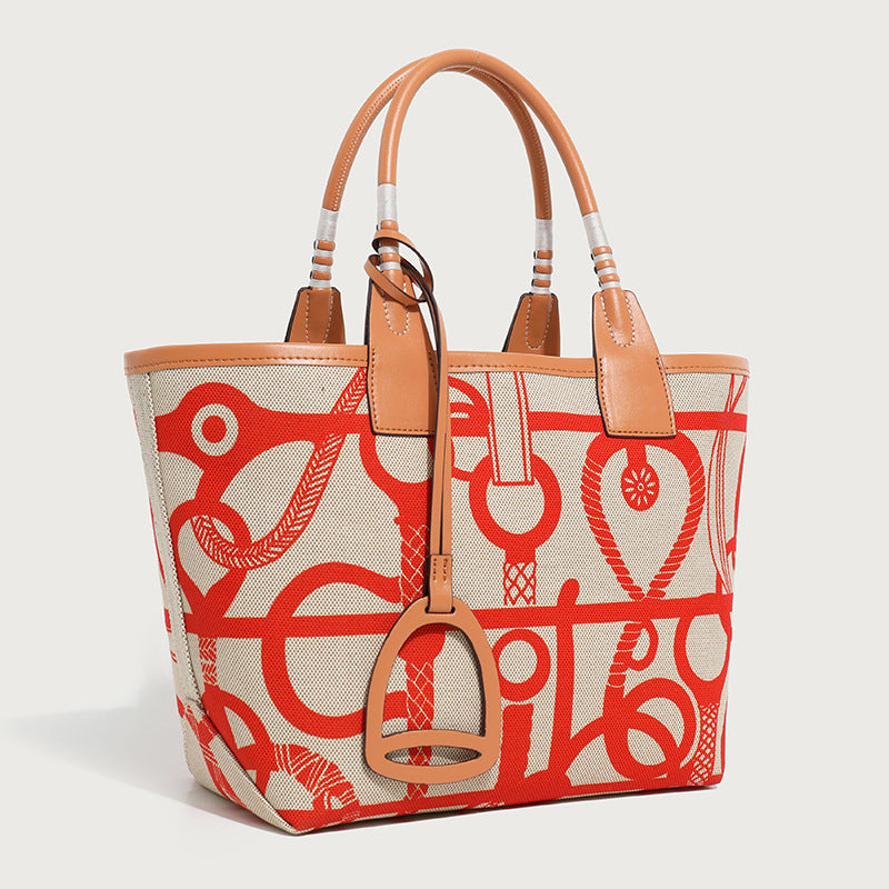 Women's Basket Printed Canvas Large Capacity Totes Commuter Shopping Tote Bag