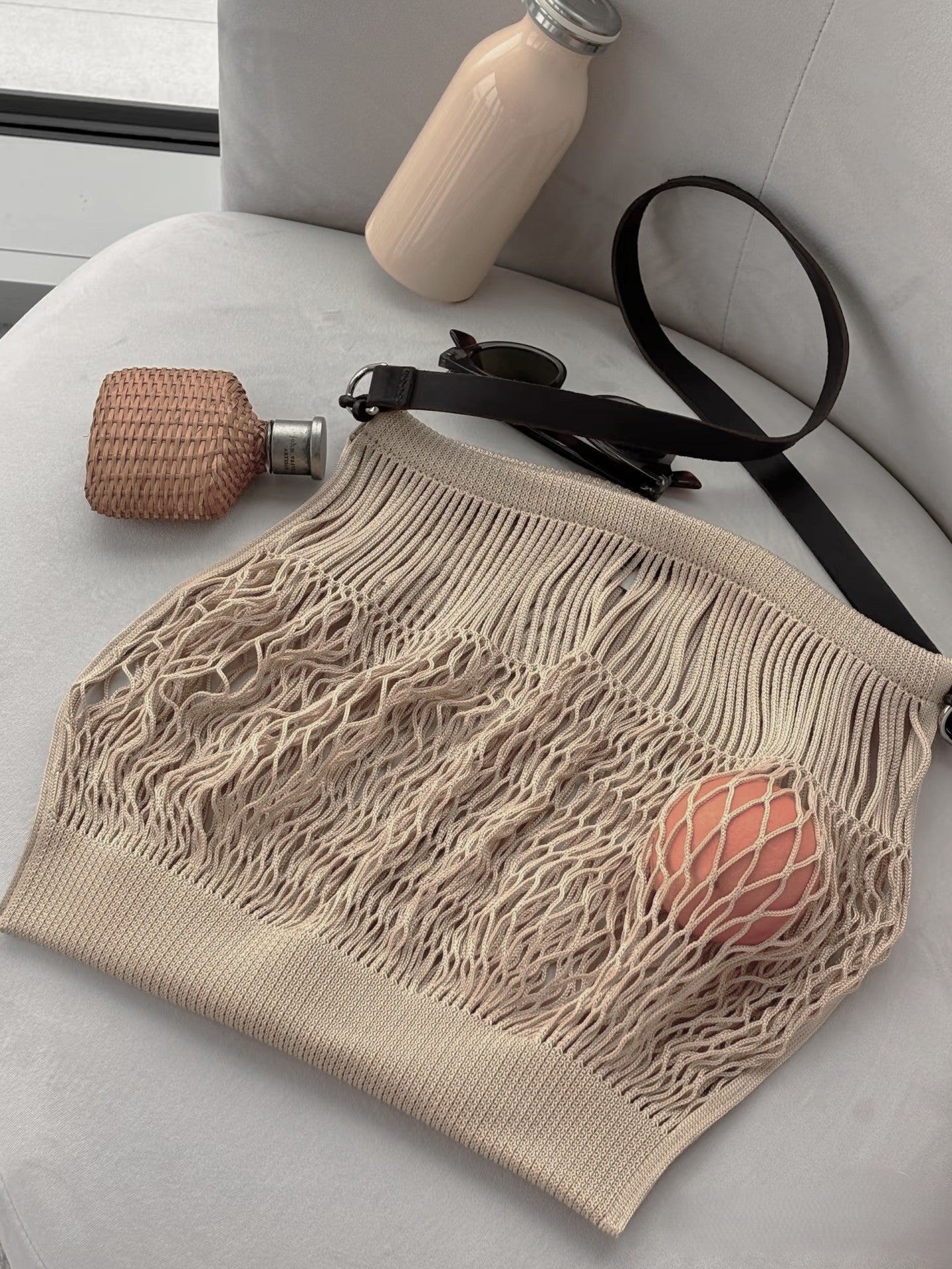 For Vegetable Tanned Leather Strap Woven Net Pocket Bags