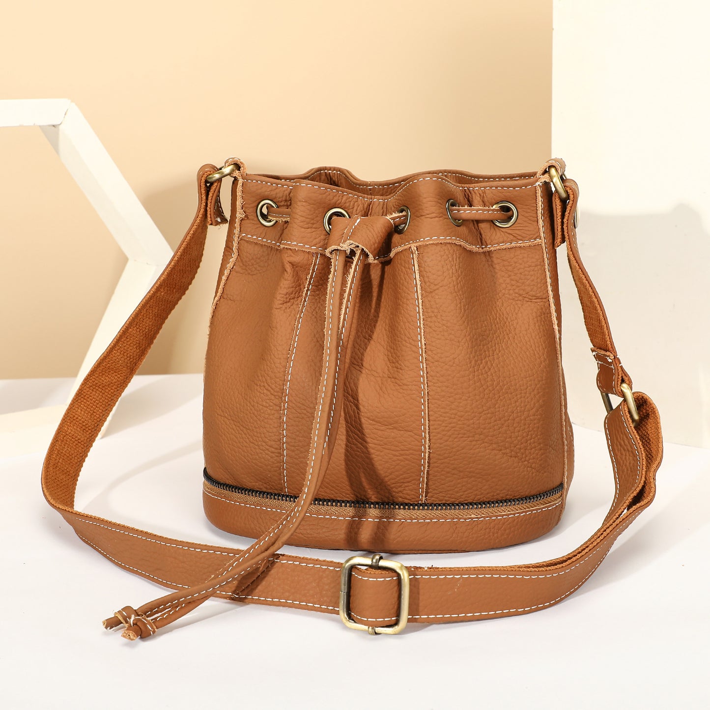 Women's Fashion Leather Drawstring Design Cowhide Texture For Women's Shoulder Bag