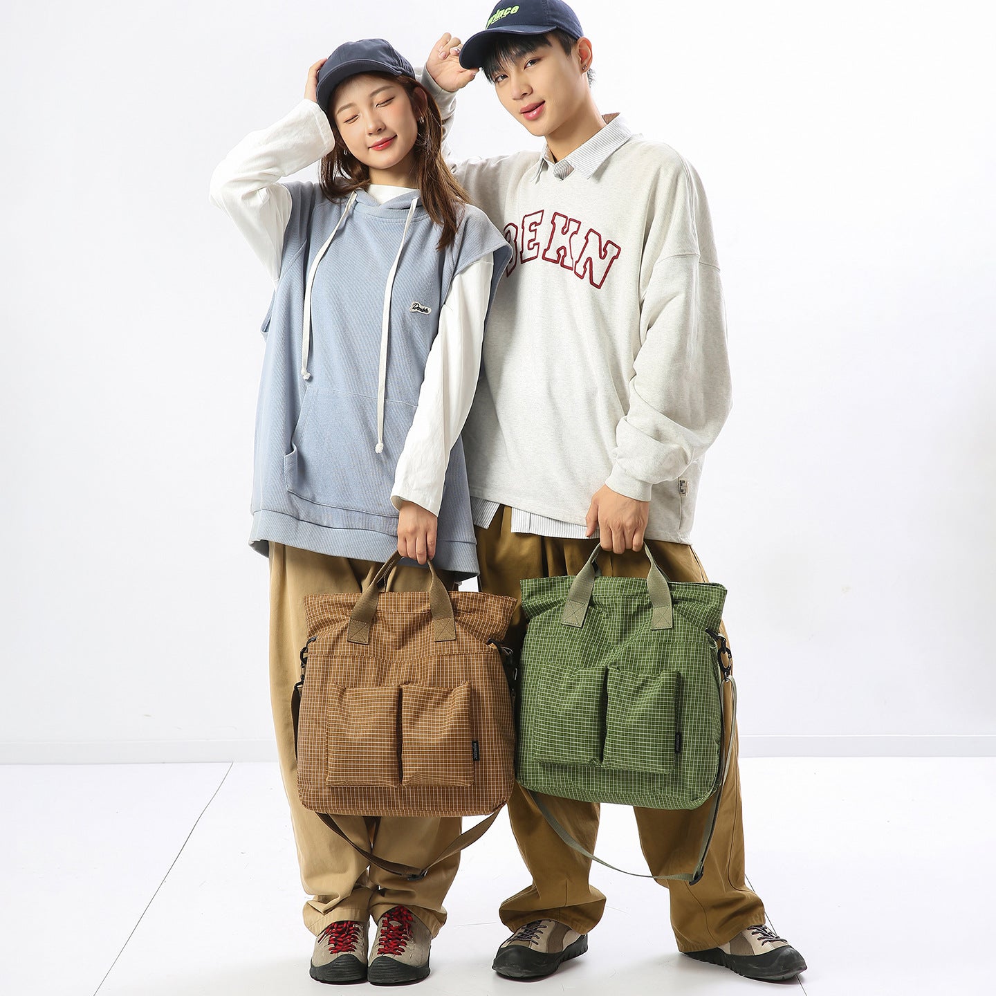 Green Plaid Canvas Large Capacity Portable Tote Bag