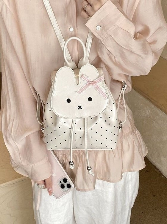 Women's Miffy Rabbit Drawstring Design Cute Bow Polka Dot Backpacks
