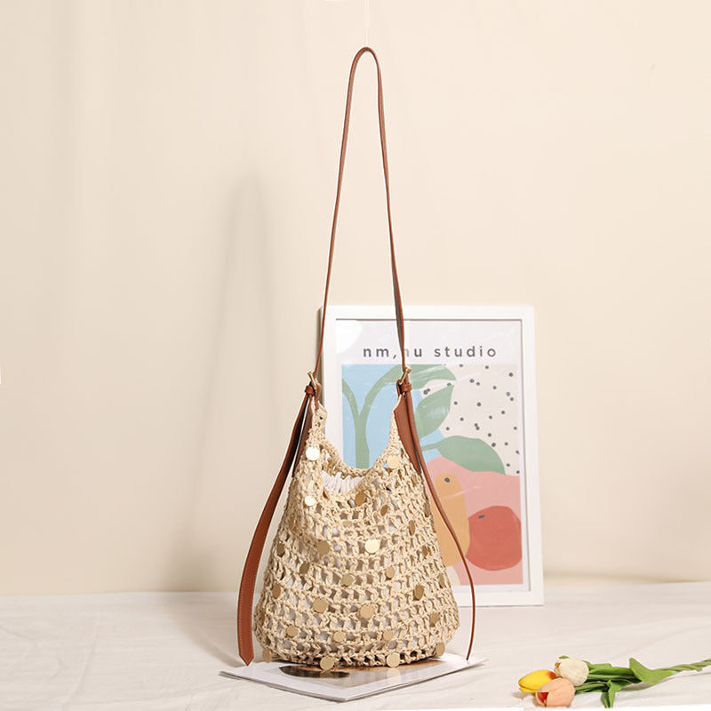 Women's Fashionable Sequins One Straw Hollow Out Women's Shoulder Bag