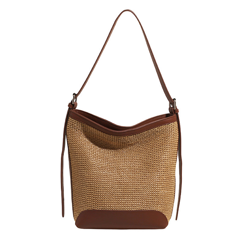 Simple Straw Woven Large Capacity Underarm Bucket Bag